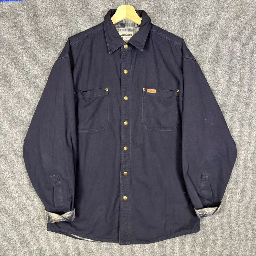 Carhartt Shirt Jacket Men's M Blue Canvas Flannel Lined Snap Front Utility Chore